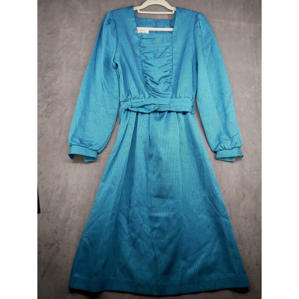 Jerrie Lurie Dress Size 10 Midi Blue Belted 60s 70s Rushed Brocade Vintage